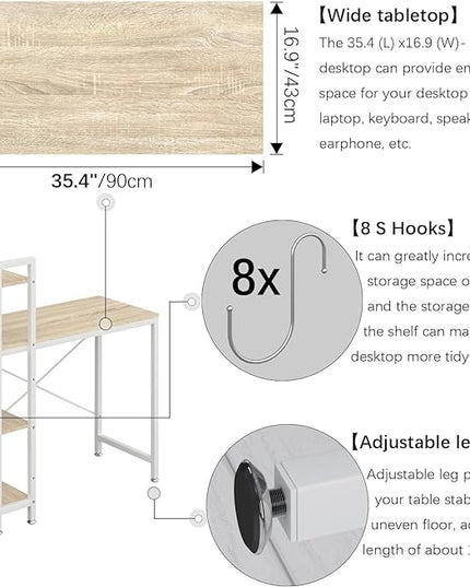 4NM 35" Small Computer Desk with 4-Tier Bookshelf and 8 Hooks, Home Office Desk Writing Workstation Study Table for Small Space Work - Natural and White - LeafyLoom