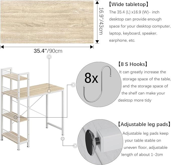 4NM 35" Small Computer Desk with 4-Tier Bookshelf and 8 Hooks, Home Office Desk Writing Workstation Study Table for Small Space Work - Natural and White - LeafyLoom