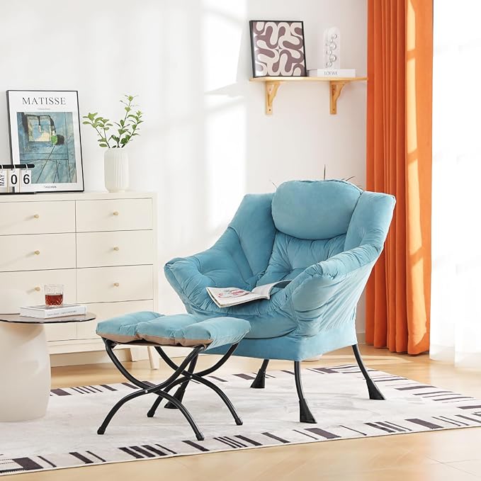 Cozy Lazy Chair and Ottoman, Large Contemporary Accent Lounge Chair Set, Leisure Upholstered Reading Armchair for Bedroom, Living Room, Dorm Rooms, Office - LeafyLoom
