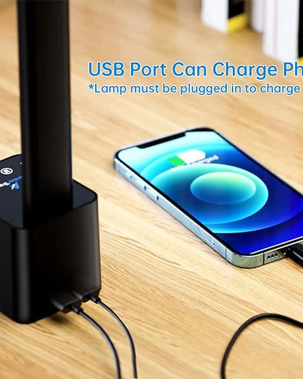 Ambertronix Rechargeable Cordless LED Desk Lamp, 5 Brightness & 5 Lighting Modes, USB Charging Port, Aluminum Arms, Portable, Dimmable, Touch Control, Auto Timer (Black) - LeafyLoom