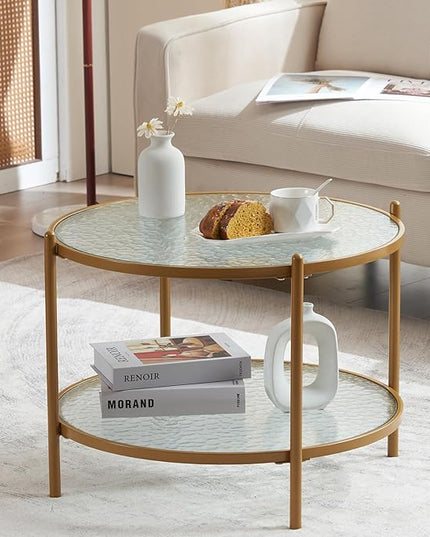 VINGLI 25.6" Small Matte Gold Round Coffee Table Water-wave Glass Circle Clear Coffee Table, Center Table with 2-Tier Modern Storage Design for Living Room, Bedroom, Meeting Room, Balcony, Patio - LeafyLoom