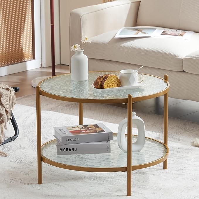 VINGLI 25.6" Small Matte Gold Round Coffee Table Water-wave Glass Circle Clear Coffee Table, Center Table with 2-Tier Modern Storage Design for Living Room, Bedroom, Meeting Room, Balcony, Patio - LeafyLoom