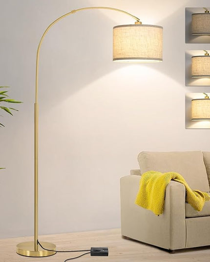 Gold Arc Floor Lamp, Dimmable Floor Lamp for Living Room, Mordern Standing Lamp with Adjustable Lamp Head, Tall Pole Lamp Over Couch Arched Light for Reading, Bedroom, Office, 9W LED Bulb Included - LeafyLoom