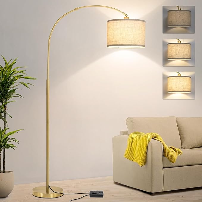 Gold Arc Floor Lamp, Dimmable Floor Lamp for Living Room, Mordern Standing Lamp with Adjustable Lamp Head, Tall Pole Lamp Over Couch Arched Light for Reading, Bedroom, Office, 9W LED Bulb Included - LeafyLoom