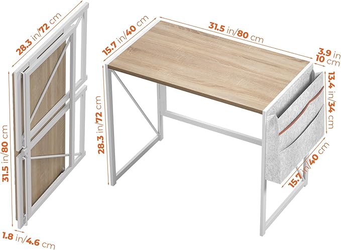 Folding Desk, Small Foldable Desk 31.5 Inch for Small Space, Computer Table Home Office Writing Desk with Storage Bag Headphone Hook, Easy Assembly, OAK - LeafyLoom