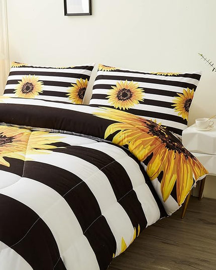 Sunflower Comforter Sets,Beautiful Vintage Bright Floral Pattern,Decorative Bedding Comforter Sets with 2 Pillow Shams, Twin Size - LeafyLoom