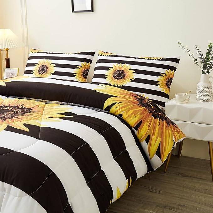 Sunflower Comforter Sets,Beautiful Vintage Bright Floral Pattern,Decorative Bedding Comforter Sets with 2 Pillow Shams, Twin Size - LeafyLoom