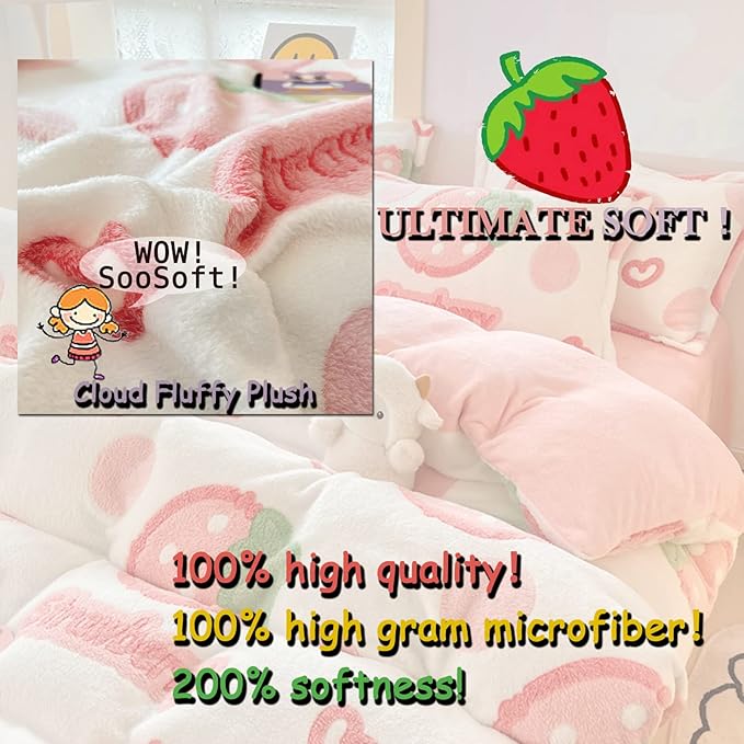 MorroMorn Pink Duvet Cover Queen, Strawberry Bedding Sets, Fluffy Comforter Covers Set, Down Alternative Blanket Ultra Soft Kawaii Cute for Girls Kids Teen Women Full Double Size - LeafyLoom