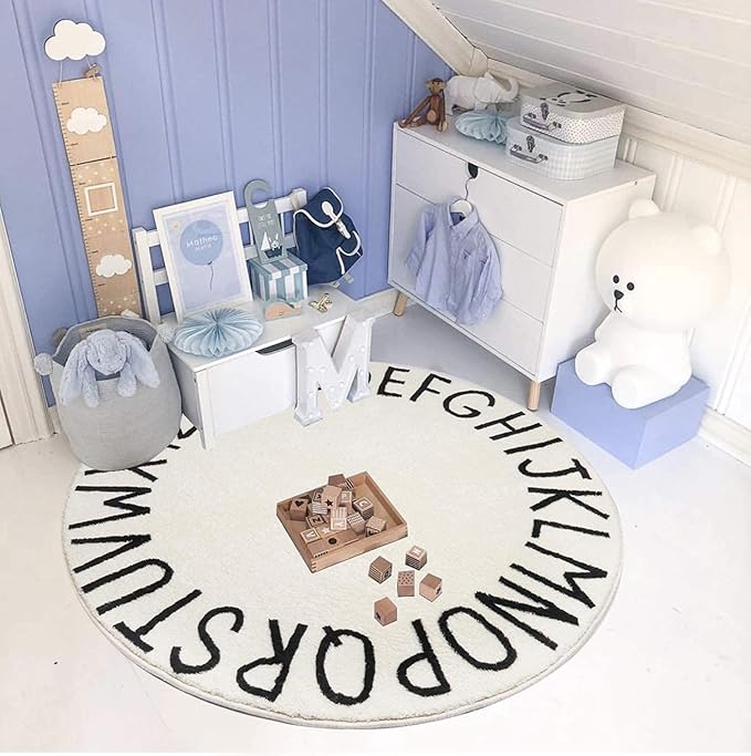 Topotdor Round Kids Play Rug Alphabet Nursery Area Rug Extra Large Soft Crawling Play Mat for Children Toddlers Bedroom (63 inch, Beige) - LeafyLoom