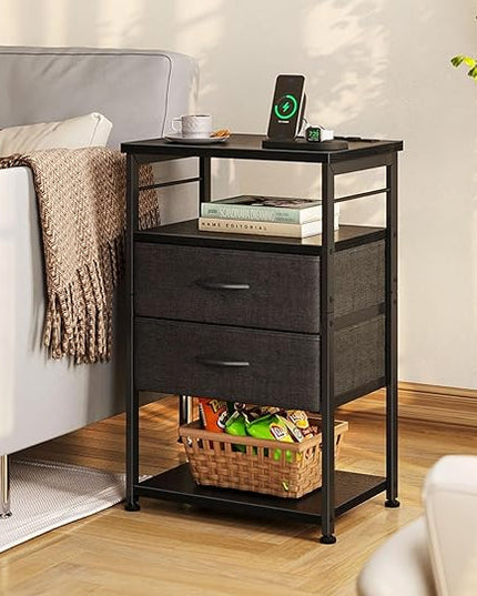 AODK Night Stand with Charging Station, End Table for Bedroom Tall Nightstand with Drawers, Small Nightstand for Bedroom, 4-Tier Storage Bedside Table, Black - LeafyLoom