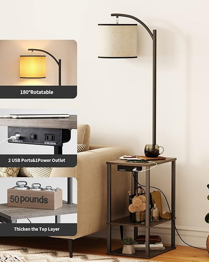 SUNMORY Floor Lamp with Table, Lamps for Living Room with Charging Station(USB & AC Port), Rustic End Table Lamp with Shelves & 3-Color Temperature LED Bulb, Lamp Table for Living Room, Rubber wood - LeafyLoom