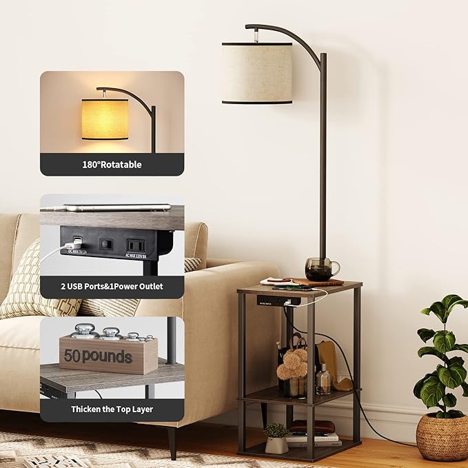 SUNMORY Floor Lamp with Table, Lamps for Living Room with Charging Station(USB & AC Port), Rustic End Table Lamp with Shelves & 3-Color Temperature LED Bulb, Lamp Table for Living Room, Rubber wood - LeafyLoom