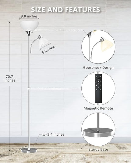 Floor Lamp, Remote Control with 4 Color Temperatures, LED Torchiere Floor Lamp with Adjustable Reading Lamp for Bedroom, Standing Lamps for Living Room, Bulb Included (Brushed Nickel - LeafyLoom