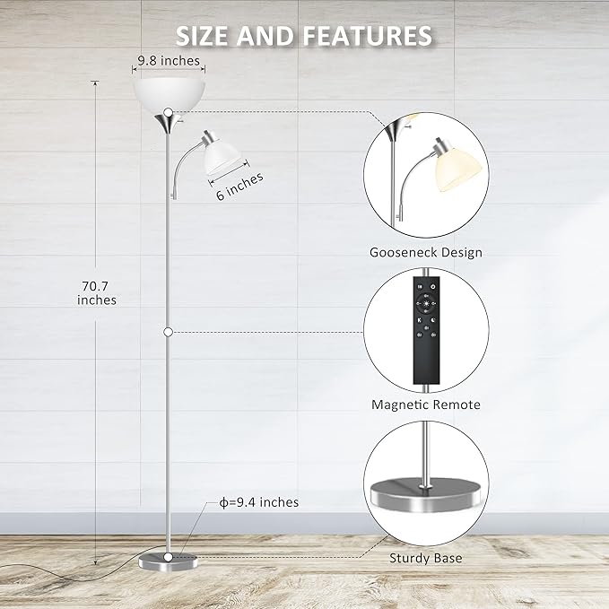 Floor Lamp, Remote Control with 4 Color Temperatures, LED Torchiere Floor Lamp with Adjustable Reading Lamp for Bedroom, Standing Lamps for Living Room, Bulb Included (Brushed Nickel - LeafyLoom