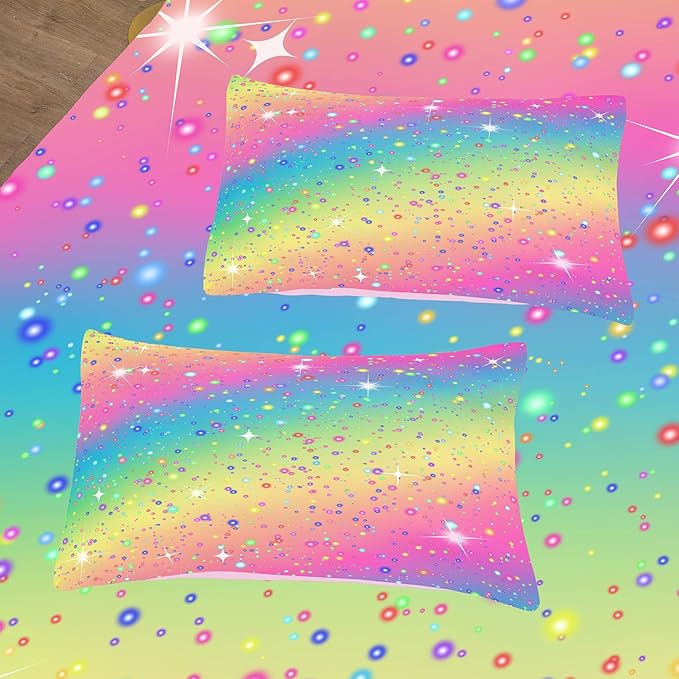 Twin Bedding Set Teen Girls, Galaxy Twinkle Comforter for Kids, Colorful Rainbow Bedding Set for All Season (Twin, 2 Pieces) - LeafyLoom