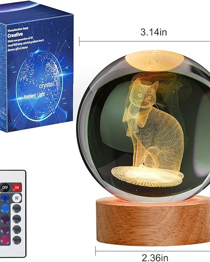 Cat Gifts for Cat Lovers for Women, Large 3D Cat Night Light, Crystal Cat Figurines Lamp 16 Color Changing with Remote Control for Bedroom Decor, Cat Gifts for Cat Lovers - LeafyLoom