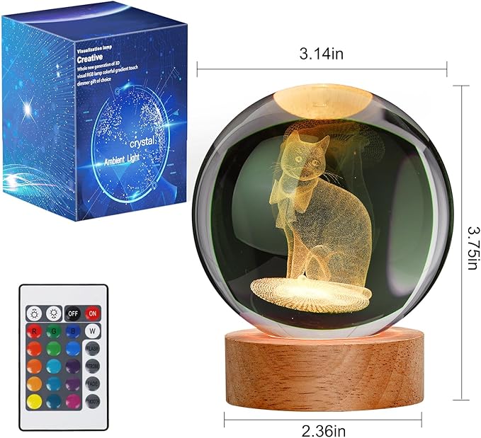 Cat Gifts for Cat Lovers for Women, Large 3D Cat Night Light, Crystal Cat Figurines Lamp 16 Color Changing with Remote Control for Bedroom Decor, Cat Gifts for Cat Lovers - LeafyLoom