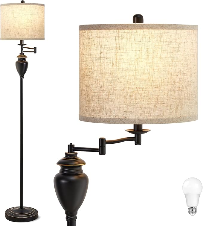 Floor Lamp for Living Room Bedroom, 3 Color Temperature 350° Adjustable Swing Arm Floor Lamp Vintage Standing Lamp Traditional Farmhouse Floor Lamp Tall Lamp for Office Home Nursery Study Room Hotel - LeafyLoom