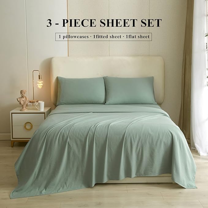 HighBuy Twin Bed Sheets Set - 3 Piece Bedding - Sage Green Washed Microfiber Sheets Twin,Breathale Sheets Shrinkage and Fade Resistant - Deep Pocket 16 Inch - Easy Fit Fitted Sheet,Pillowcases Set - LeafyLoom