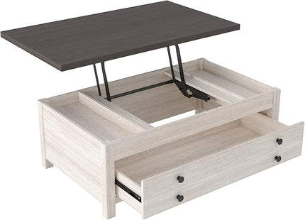 Signature Design by Ashley Dorrinson Farmhouse Lift Top Coffee Table with Storage, Antique White & Brown - LeafyLoom