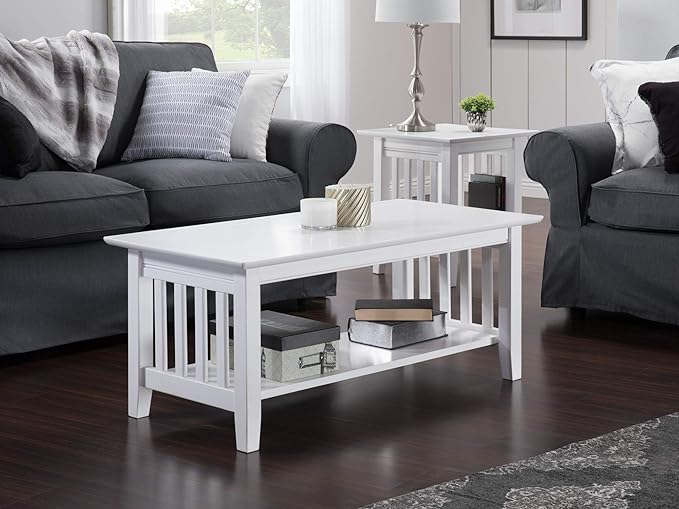 AFI Mission Wood Coffee Table, White (22" x 44") - LeafyLoom