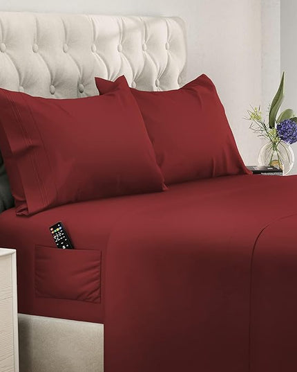 DREAMCARE California King Sheet Sets - Cooling Bed Sheets - 4pcs Set - up to 15" Deep Pocket Cal King Sheets - California King Sheets - Soft & Lasting 100% Brushed Polyester with Side Pocket -Burgundy - LeafyLoom
