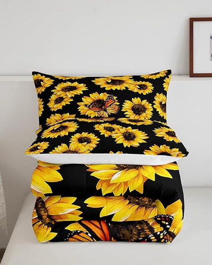 Feelyou Sunflower Bedding Set Girls Yellow Floral Butterfly Comforter Chic Flowers Pattern Comforter Set for Kids Teens Botanical Nature Duvet Set Ultra Soft Room Decor Twin Size - LeafyLoom
