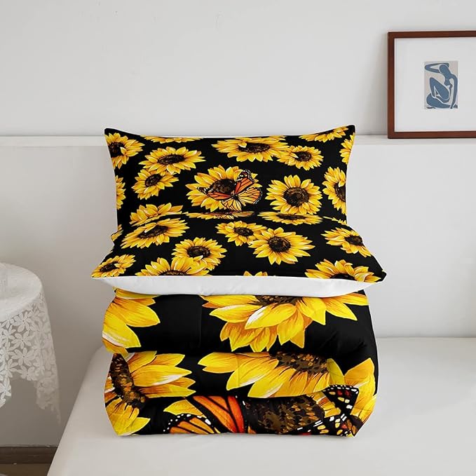 Feelyou Sunflower Bedding Set Girls Yellow Floral Butterfly Comforter Chic Flowers Pattern Comforter Set for Kids Teens Botanical Nature Duvet Set Ultra Soft Room Decor Twin Size - LeafyLoom