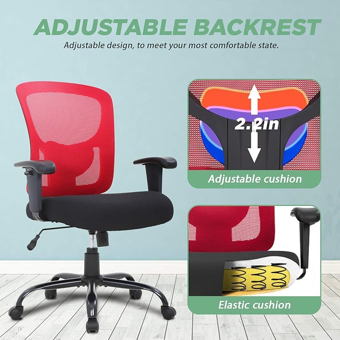 BestOffice Big and Tall Office Chair 500lbs Desk Chair Mesh Computer Chair with Lumbar Support Wide Seat Adjust Arms Rolling Swivel High Back Task Executive Ergonomic Chair for Home Office (Red) - LeafyLoom