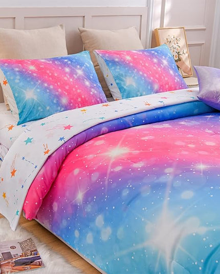 A Nice Night 6Pcs Gradient Glitter Bedding Set for Girls, Colorful Rainbow Galaxy Comforter Set, Ultra Soft Bedding Sets (Pink-Blue,Full 6Pcs) - LeafyLoom