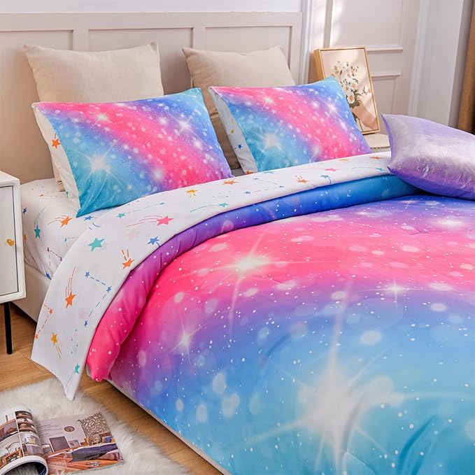 A Nice Night 6Pcs Gradient Glitter Bedding Set for Girls, Colorful Rainbow Galaxy Comforter Set, Ultra Soft Bedding Sets (Pink-Blue,Full 6Pcs) - LeafyLoom
