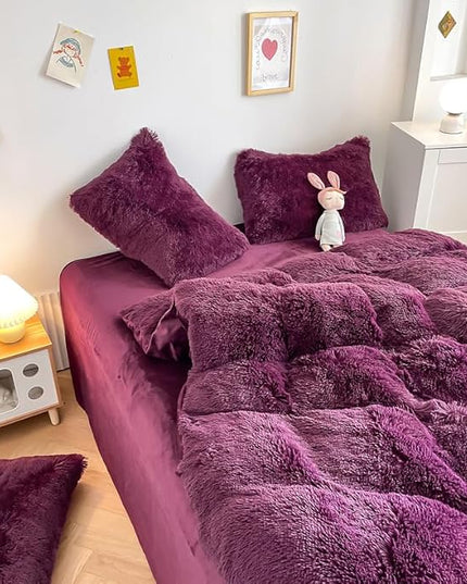 Faux Fur Kids Girls Grape Purple Comforter Sets King - 3PC Bed Set Warm Comfortable Soft Plush Flannel Velvet Fluffy Fuzzy Bedding（Comforter x 1 Pillowcases x 2） - LeafyLoom