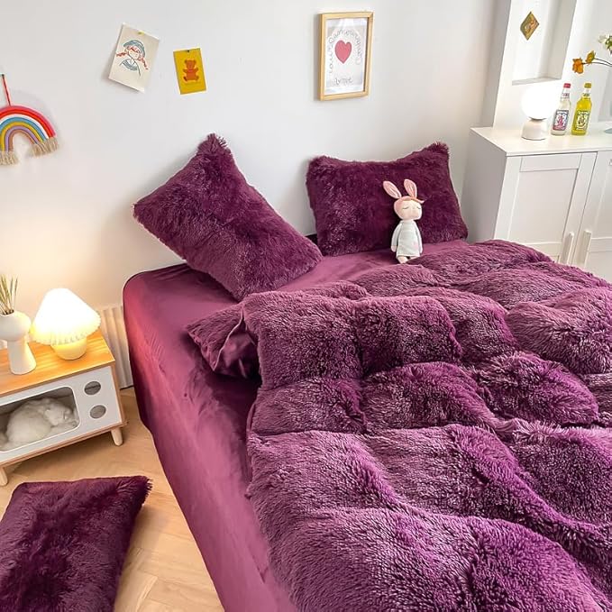 Faux Fur Kids Girls Grape Purple Comforter Sets King - 3PC Bed Set Warm Comfortable Soft Plush Flannel Velvet Fluffy Fuzzy Bedding（Comforter x 1 Pillowcases x 2） - LeafyLoom