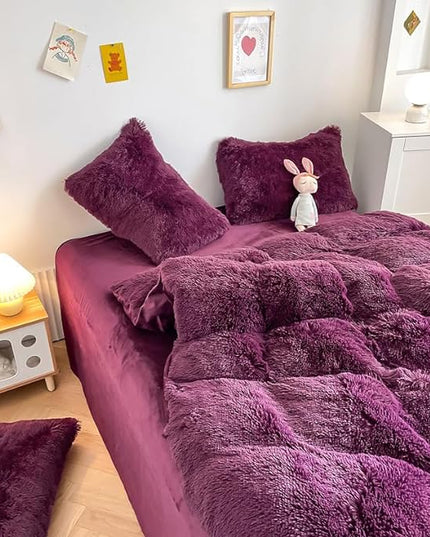 Faux Fur Kids Girls Grape Purple Comforter Sets Twin/Full - 3PC Bed Set Warm Comfortable Soft Plush Flannel Velvet Fluffy Fuzzy Bedding（Comforter x 1 Pillowcases x 2） - LeafyLoom