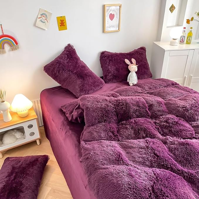 Faux Fur Kids Girls Grape Purple Comforter Sets Twin/Full - 3PC Bed Set Warm Comfortable Soft Plush Flannel Velvet Fluffy Fuzzy Bedding（Comforter x 1 Pillowcases x 2） - LeafyLoom