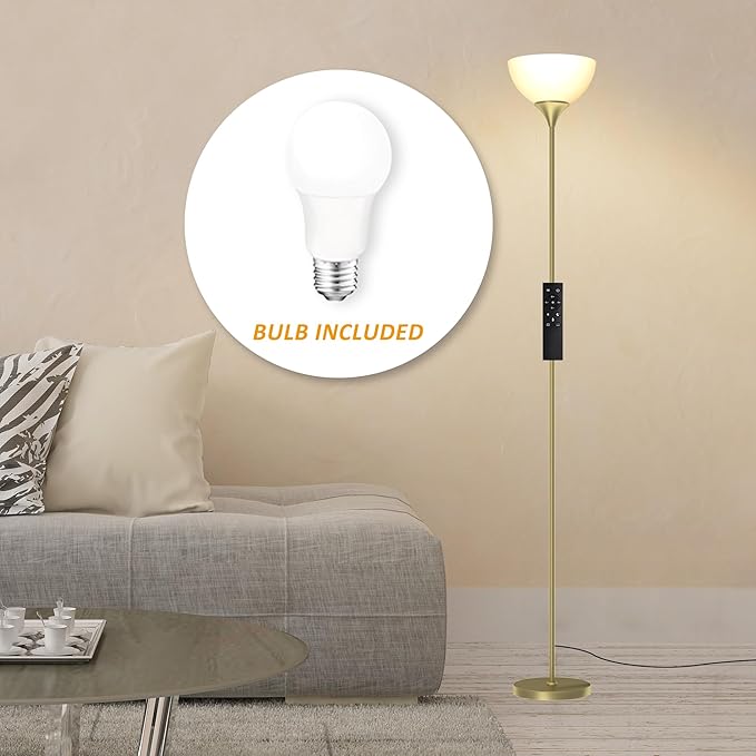 PESRAE Floor Lamp, Remote Control with Stpeless Color Temperatures and Brightness, Torchiere lamp for Bedroom, Living Room, Bulb Included - LeafyLoom