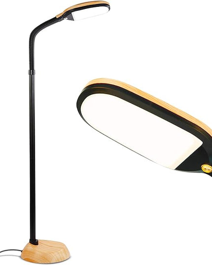 Brightech Litespan - LED Floor Reading Lamp, Modern Wooden Style, Adjustable Gooseneck, 850-950 Lumens, 12W, 3-Year Warranty - LeafyLoom