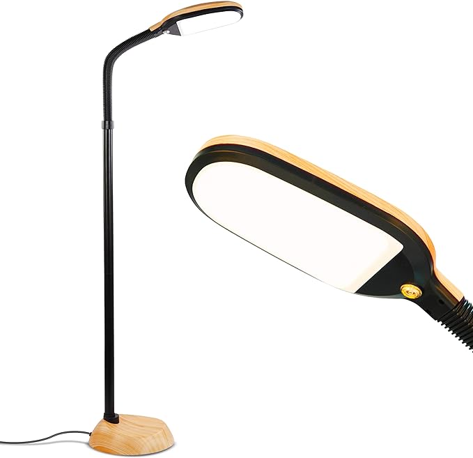 Brightech Litespan - LED Floor Reading Lamp, Modern Wooden Style, Adjustable Gooseneck, 850-950 Lumens, 12W, 3-Year Warranty - LeafyLoom