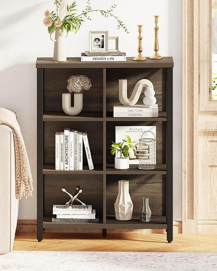 FATORRI 6 Cube Storage Organizer Shelf, Rustic Wood and Metal Cubby Bookcase, Industrial 4 Tier Cube Bookshelf (Walnut Brown) - LeafyLoom