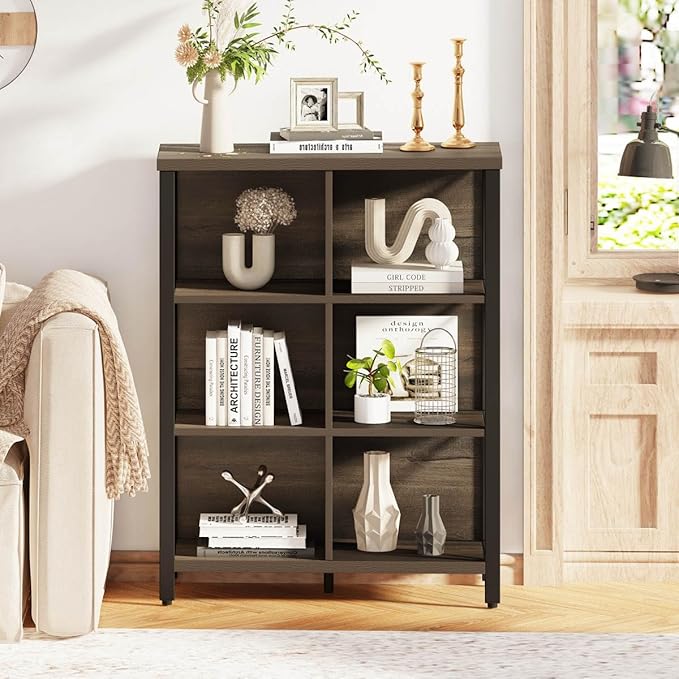 FATORRI 6 Cube Storage Organizer Shelf, Rustic Wood and Metal Cubby Bookcase, Industrial 4 Tier Cube Bookshelf (Walnut Brown) - LeafyLoom