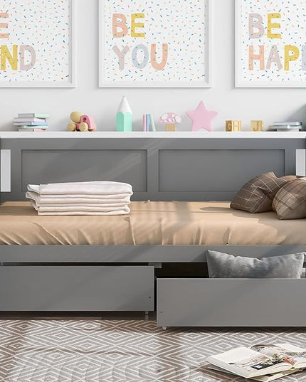 Twin Daybed with 2 Storage Drawers,Pinewood Twin Size Daybed Frame with Solid Guardrail,Dual-Use Sofa Daybed for Boys/Girls/Teens Bedroom, Easy to Assemble, No Box Spring Needed,Grey - LeafyLoom