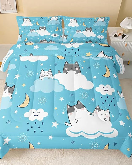 Cat Comforter Twin Size,Blue Cloud Cats Comforter Set for Kids Teens Girls Boys,3Pcs Bedding Set Printed Comforter with 2 Pillowcases,Down Alternative,Soft and Lightweight，Twin Size - LeafyLoom