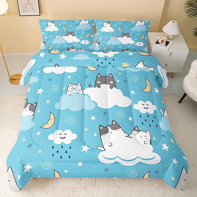 Cat Comforter Twin Size,Blue Cloud Cats Comforter Set for Kids Teens Girls Boys,3Pcs Bedding Set Printed Comforter with 2 Pillowcases,Down Alternative,Soft and Lightweight，Twin Size - LeafyLoom