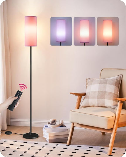 Dimmable Floor Lamp for Living Room, Corner Floor Lamp with Remote, 66'' Standing Tall Lamp, Linen Lampshade, 10W 800LM LED Bulb for Bedroom Study, FCC Listed Black and Pink P06LD05 - LeafyLoom