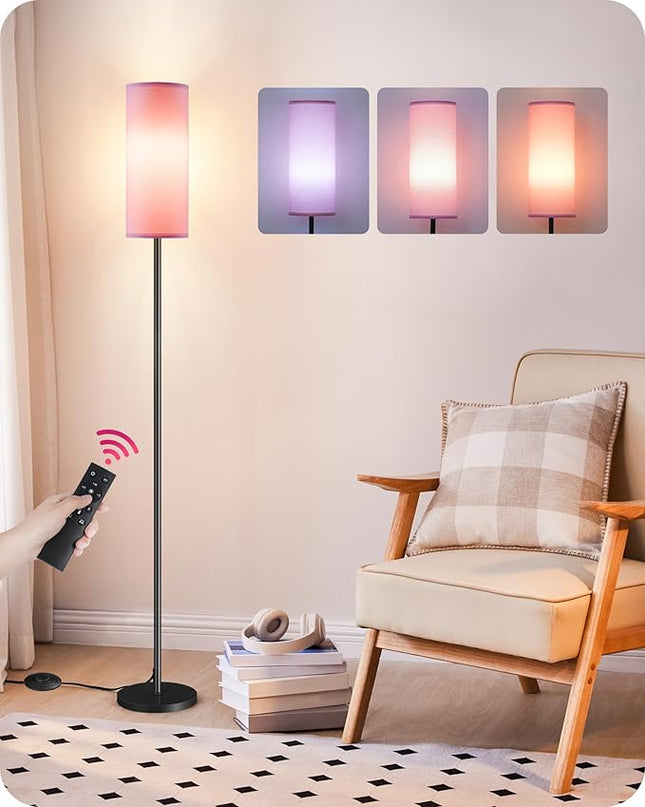 Dimmable Floor Lamp for Living Room, Corner Floor Lamp with Remote, 66'' Standing Tall Lamp, Linen Lampshade, 10W 800LM LED Bulb for Bedroom Study, FCC Listed Black and Pink P06LD05 - LeafyLoom