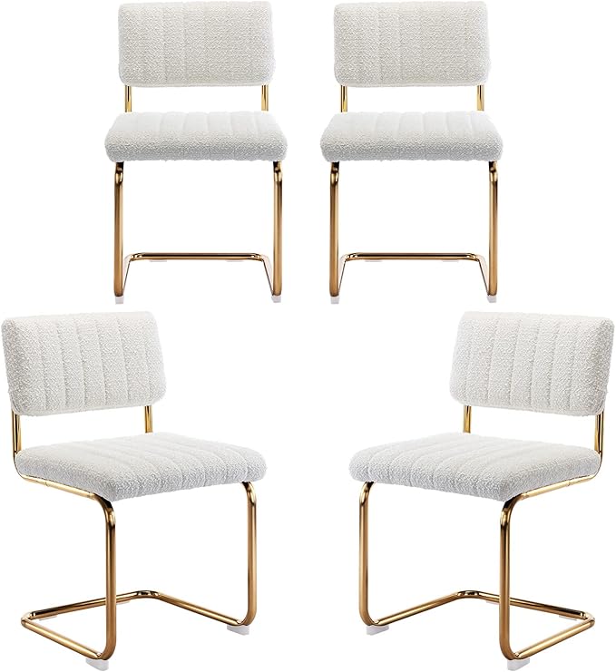 Zesthouse Mid Century Dining Chairs Set of 4, White Boucle Dining Room Chairs with Gold Legs, Upholstered Armless Accent Chairs Side Chairs for Living Room - LeafyLoom