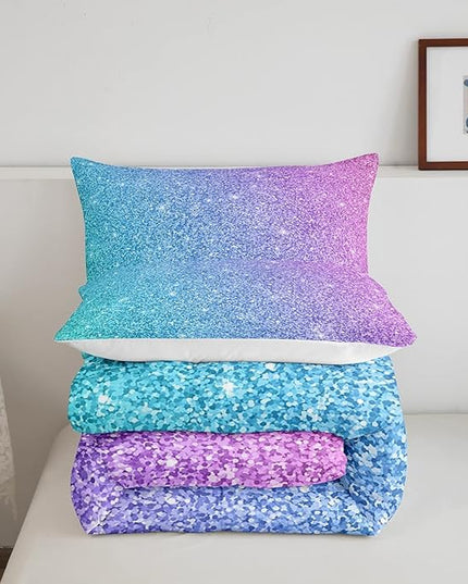 Colorful Glitter Bedding King Girly Turquoise Teal Blue Pink Pastel Girls Comforter Set 3 Pcs Trendy Quilt Duvet for Kid Women Down Comforter with Sparkle Sequin Pattern Bling Bedroom Decor Bed Cover - LeafyLoom
