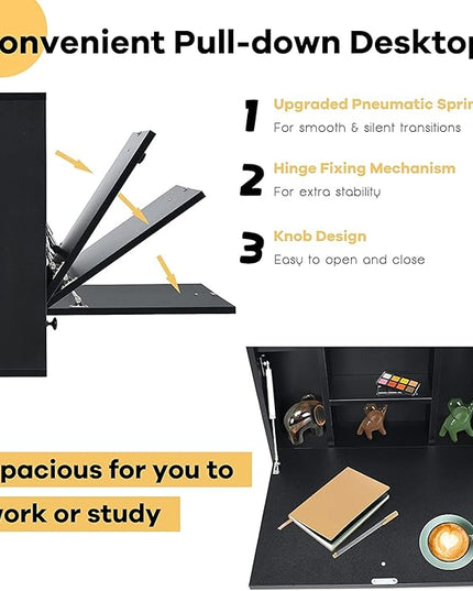 2 in 1 Foldable Tabletop, Folding Wall Mount Laptop Storage Compartments Space Saving Floating Desk, Black - LeafyLoom