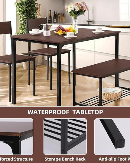Dining Table Set for 4 Person - Wooden Kitchen Table Chairs Set Modern Dining Table with 2 Chairs and Bench with Storage, PVC Wood Grain Waterproof for Apartments, Restaurants - LeafyLoom