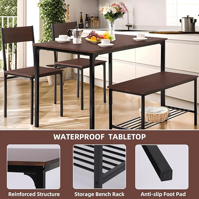 Dining Table Set for 4 Person - Wooden Kitchen Table Chairs Set Modern Dining Table with 2 Chairs and Bench with Storage, PVC Wood Grain Waterproof for Apartments, Restaurants - LeafyLoom